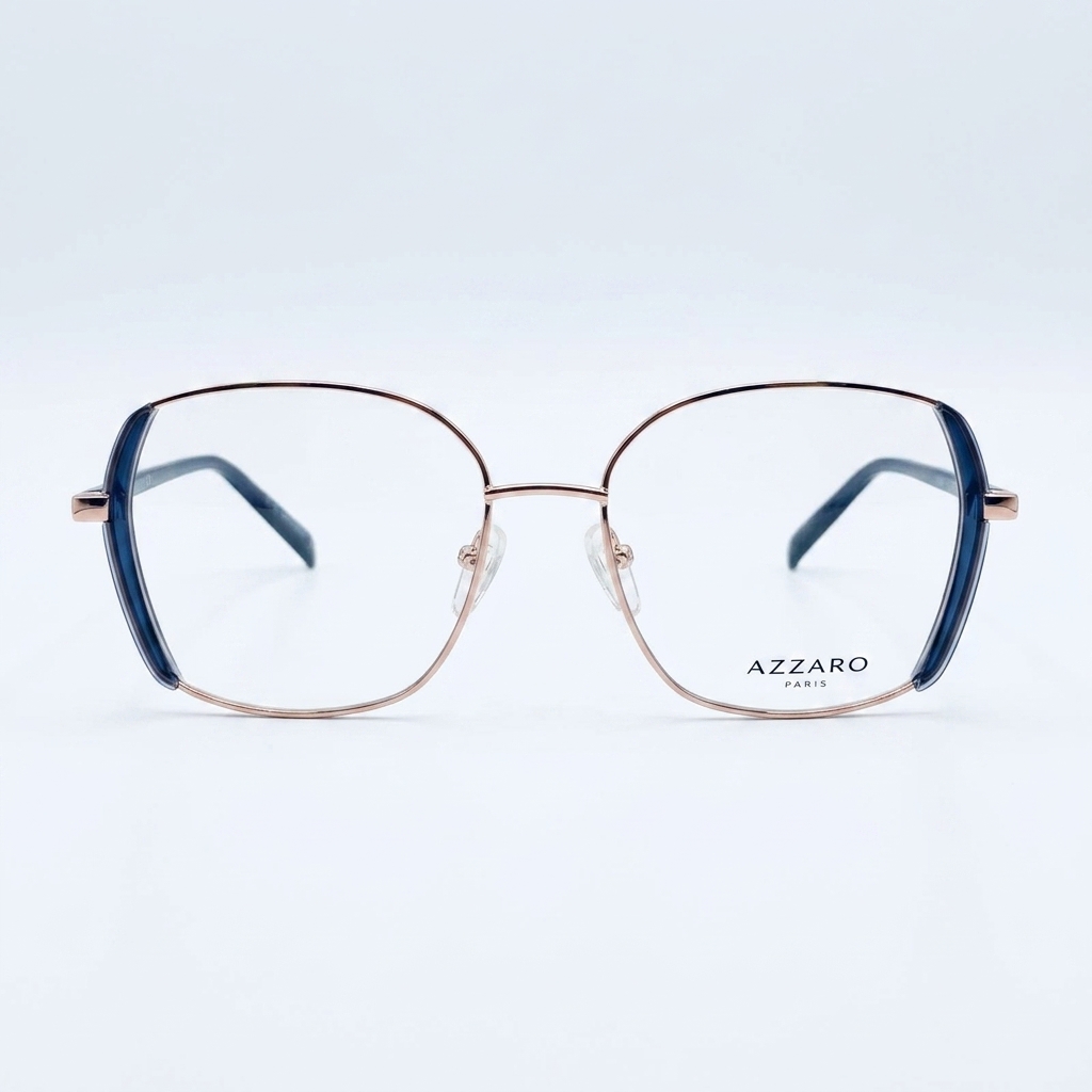 Metal rim glasses with blue temple accents, facing forward, branded Azzaro Paris