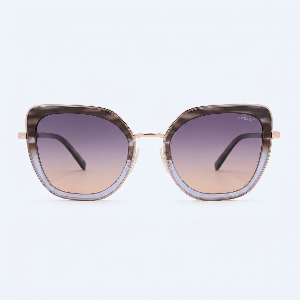 Rose-gold metal-frame sunglasses with gradient purple-to-peach lenses, brand name 'Azzaro' visible on the lens edge
