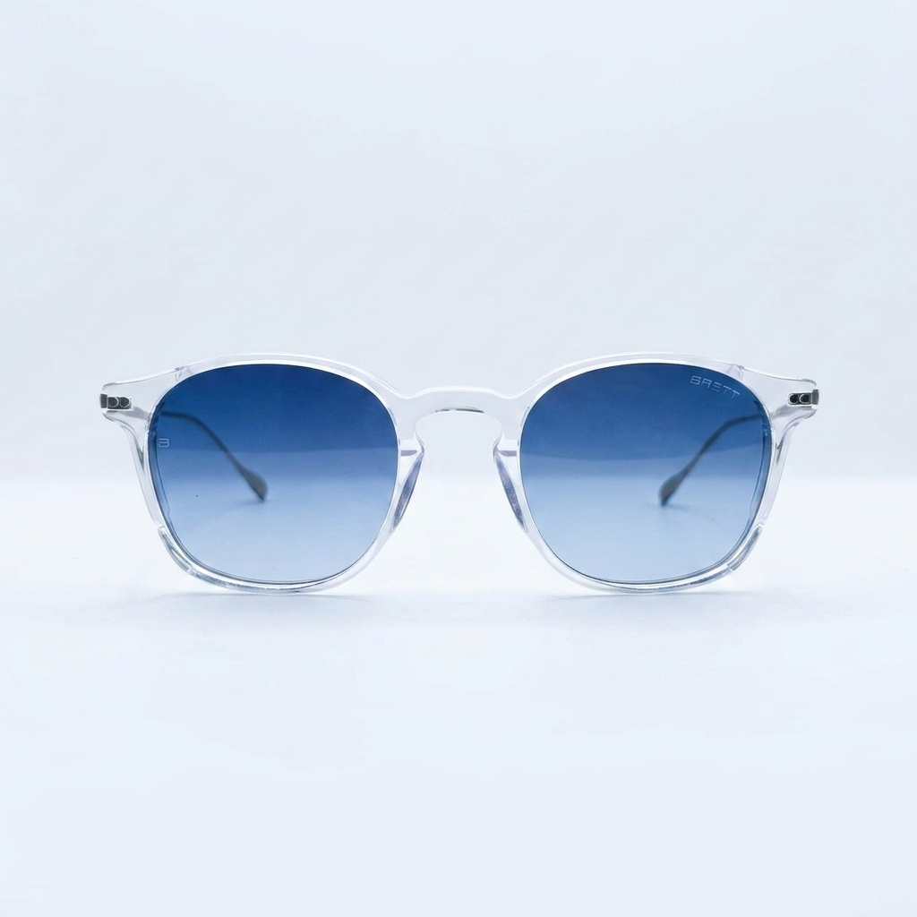 Front view of transparent-framed sunglasses with blue gradient lenses.